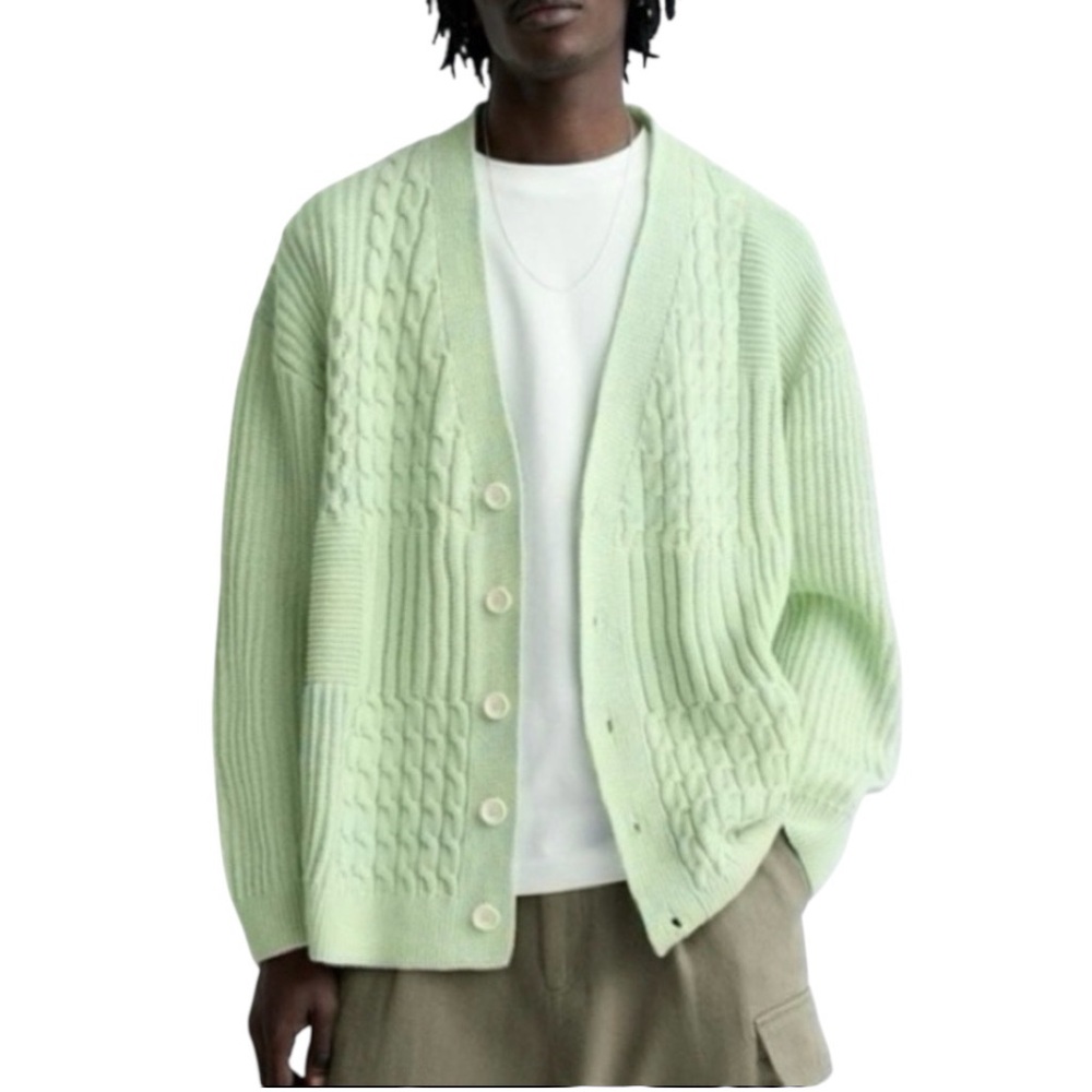 NWT ZARA Woven Cable Knit Sweater Cardigan in Blue/Green - Size L - Picture 5 of 12